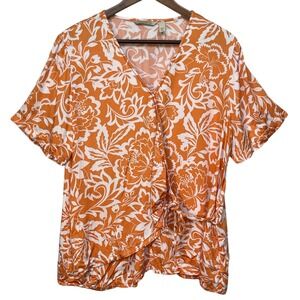 AnyBody Orange Floral Wrap Tie Short Sleeve Blouse Women's Size XL